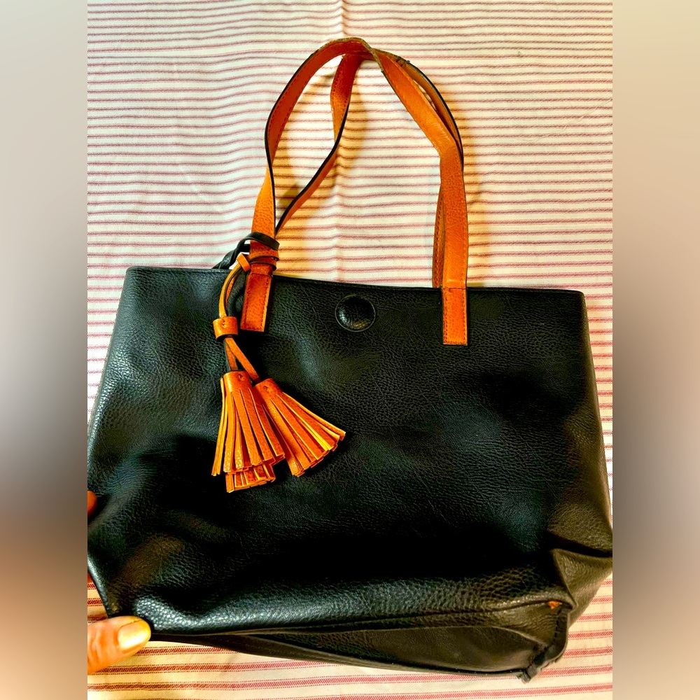 Black and brown reversible tote bag with Wallet attached inside